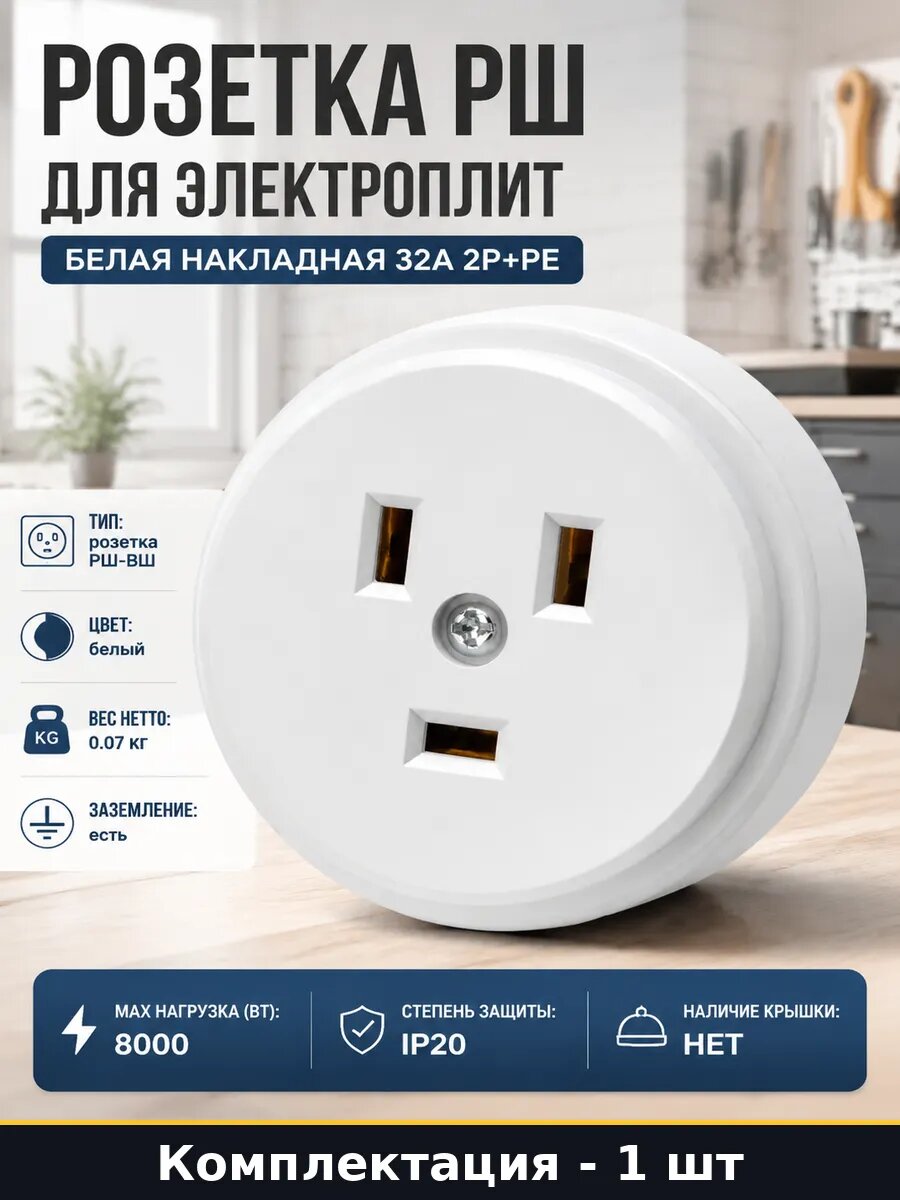 Розетка РШ для электроплит белая накладная 32А 2Р+РЕ