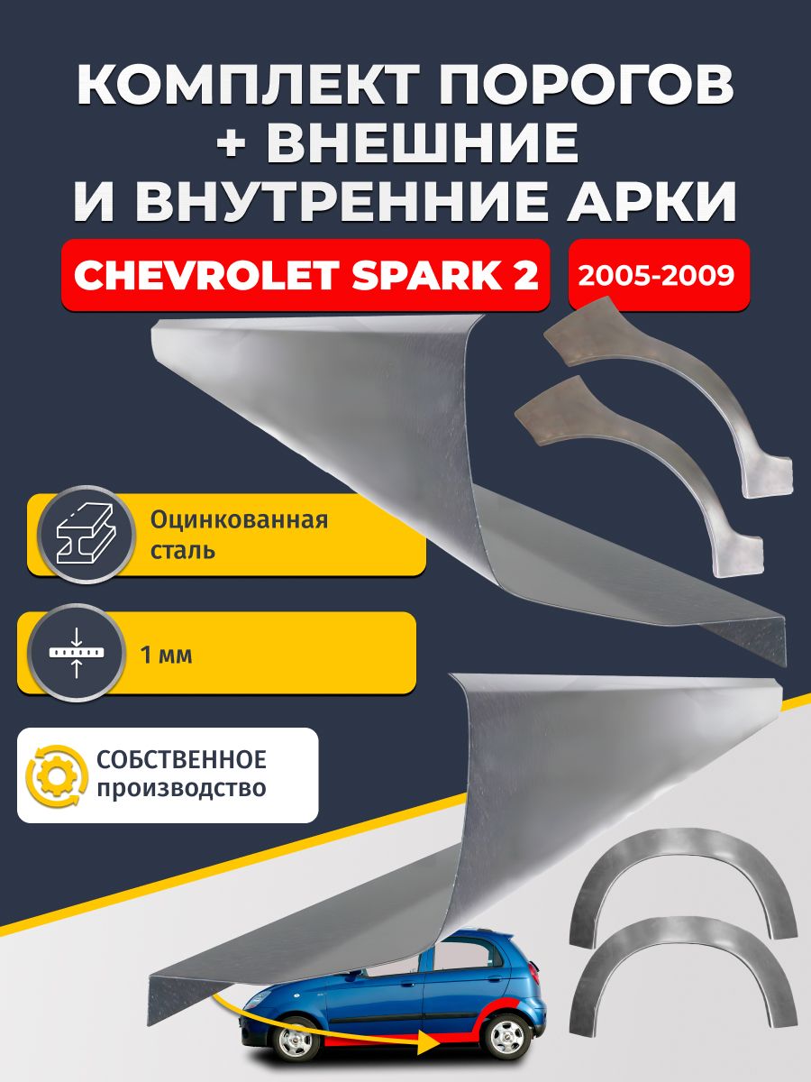 Комплект ремонтных задних внешних и внутренних арок (0,8 мм) + комплект стандартных ремонтных порогов , на Chevrolet Spark 2 2005-2009 (Шевроле Спарк 2) Оцинкованная сталь 1 мм