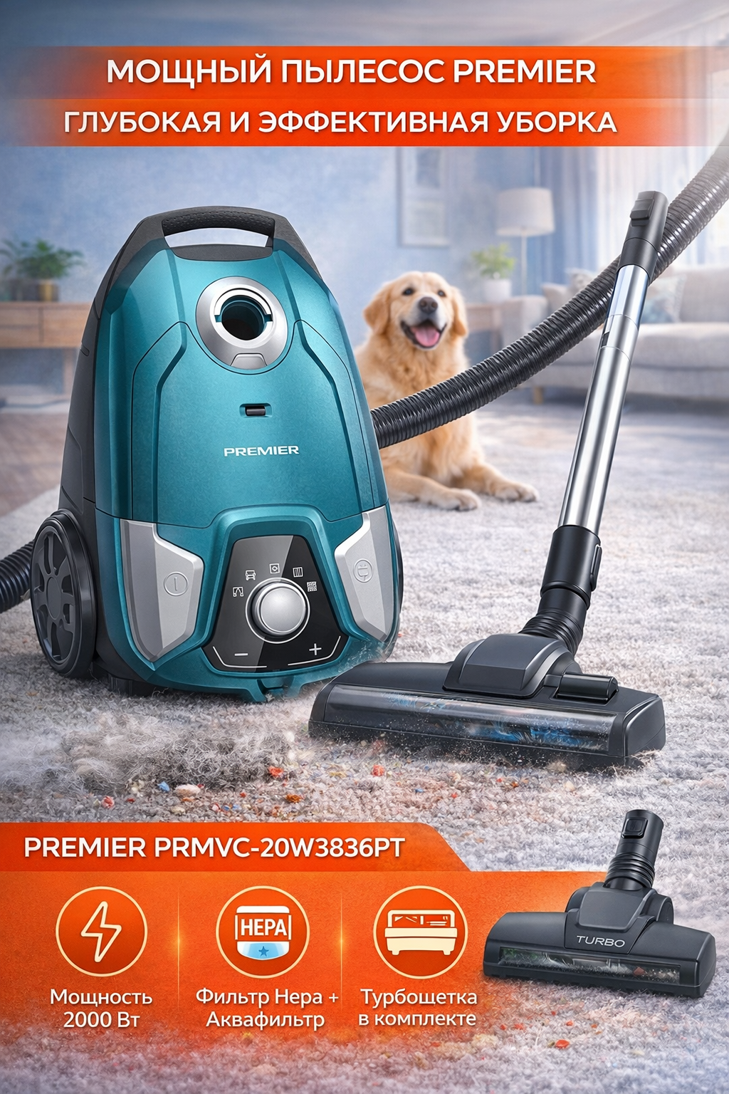 Пылесос Premier PRM-VC20W3836PT, мощность 2000/380 Вт, пылесборник 3,6 л