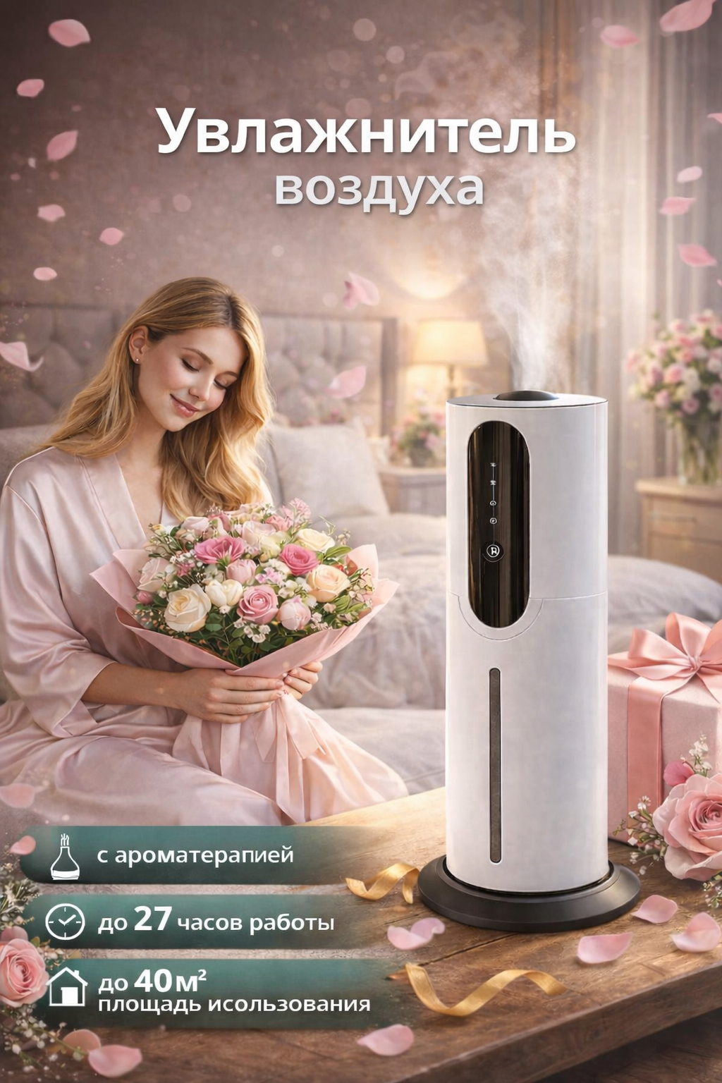 Увлажнитель воздуха ультразвуковой напольный для дома белый/подарки 8 марта