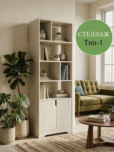 Изображение товара Стеллаж деревянный напольный для игрушек и книг с полками / перегородка для зонирования Тип-1 Дуб крафт белый