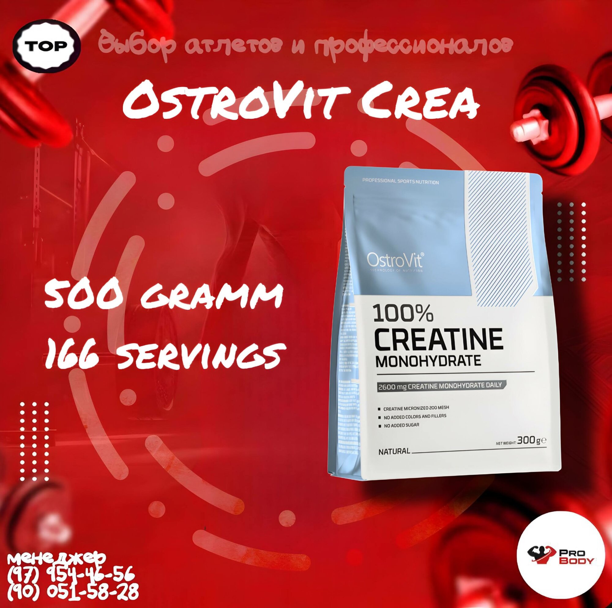 Creatine Monohydrate, OstroVit, для силы и выносливости, 500 гр