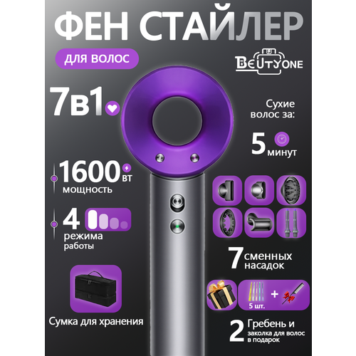 фото Фен для волос профессиональный, стайлер для волос с сумкой beutyone, с насадками для укладки, скоростей 3, фиолетовый