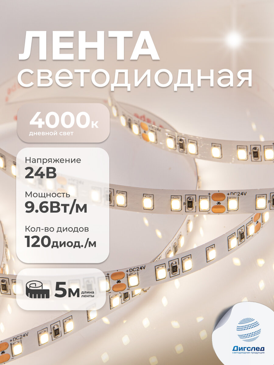 Светодиодная лента 5м, 24В, 9.6Вт, IP33, 120 LED/m Дневной свет DIGSLED Normal-C 2835