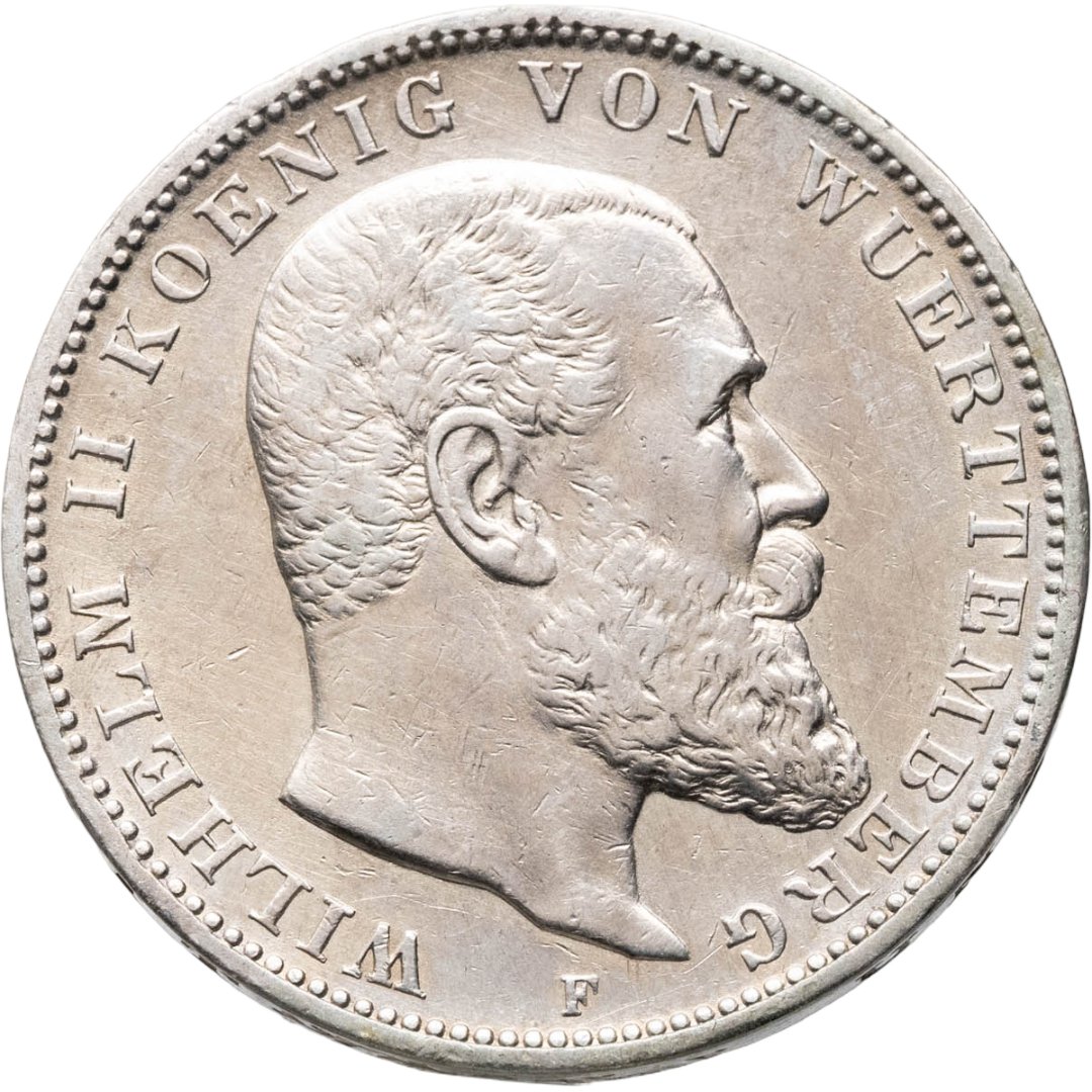 Германская Империя, Вюртемберг 3 марки 1909, Серебро 900, в сохранности XF-AU