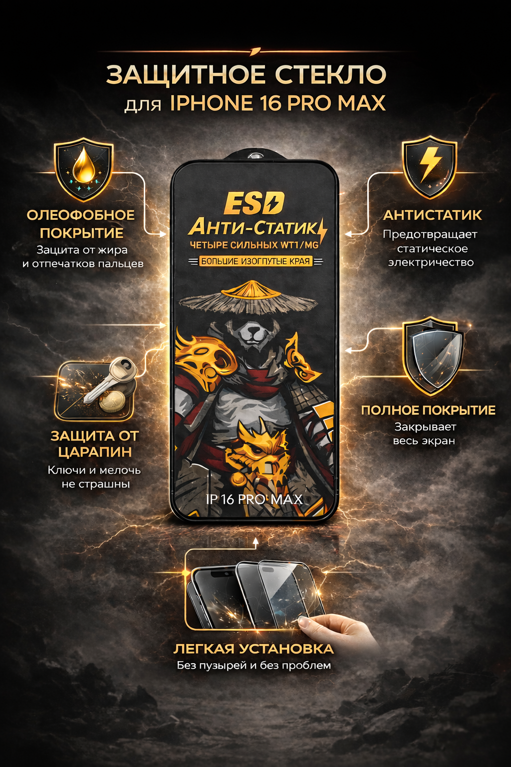 Защитное стекло для iPhone 16 Pro Max — ESD Антистатик, 9H, Полное покрытие