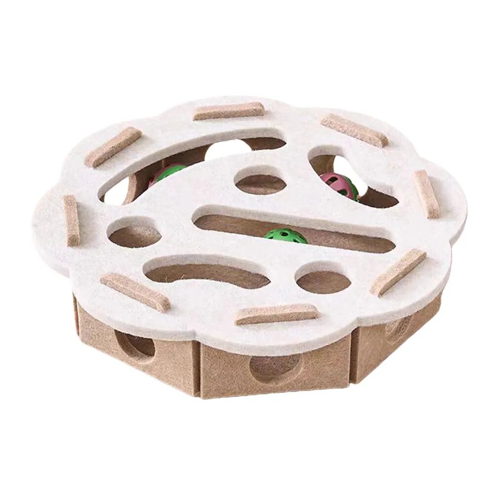 Игрушка для кошек из фетра в форме цветка бежевого цвета с тремя колокольчиками и лабиринтом