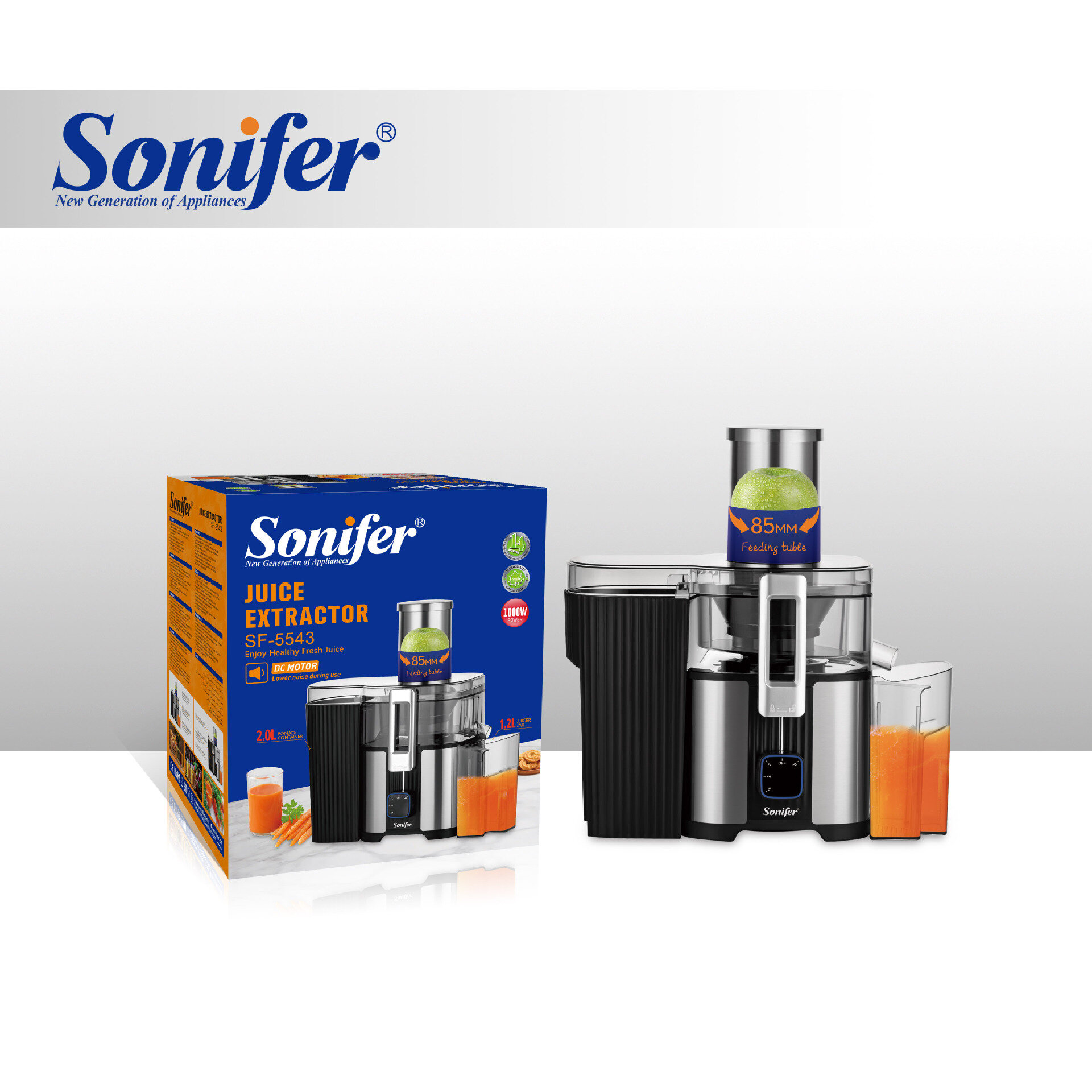 Соковыжималка Sonifer SF-5543 — это электрическая кухонная соковыжималка с мощностью примерно 1000 Вт