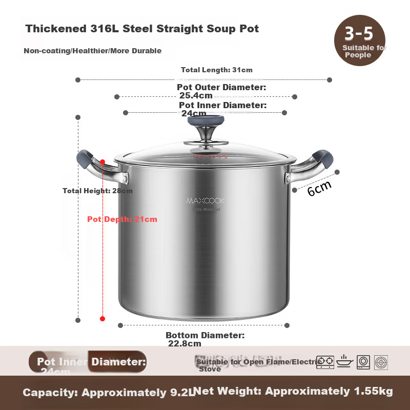 MAXCOOK Суповая кастрюля из нержавеющей стали 316L с двойным дном 24 см подходит для газовых и индукционных плит