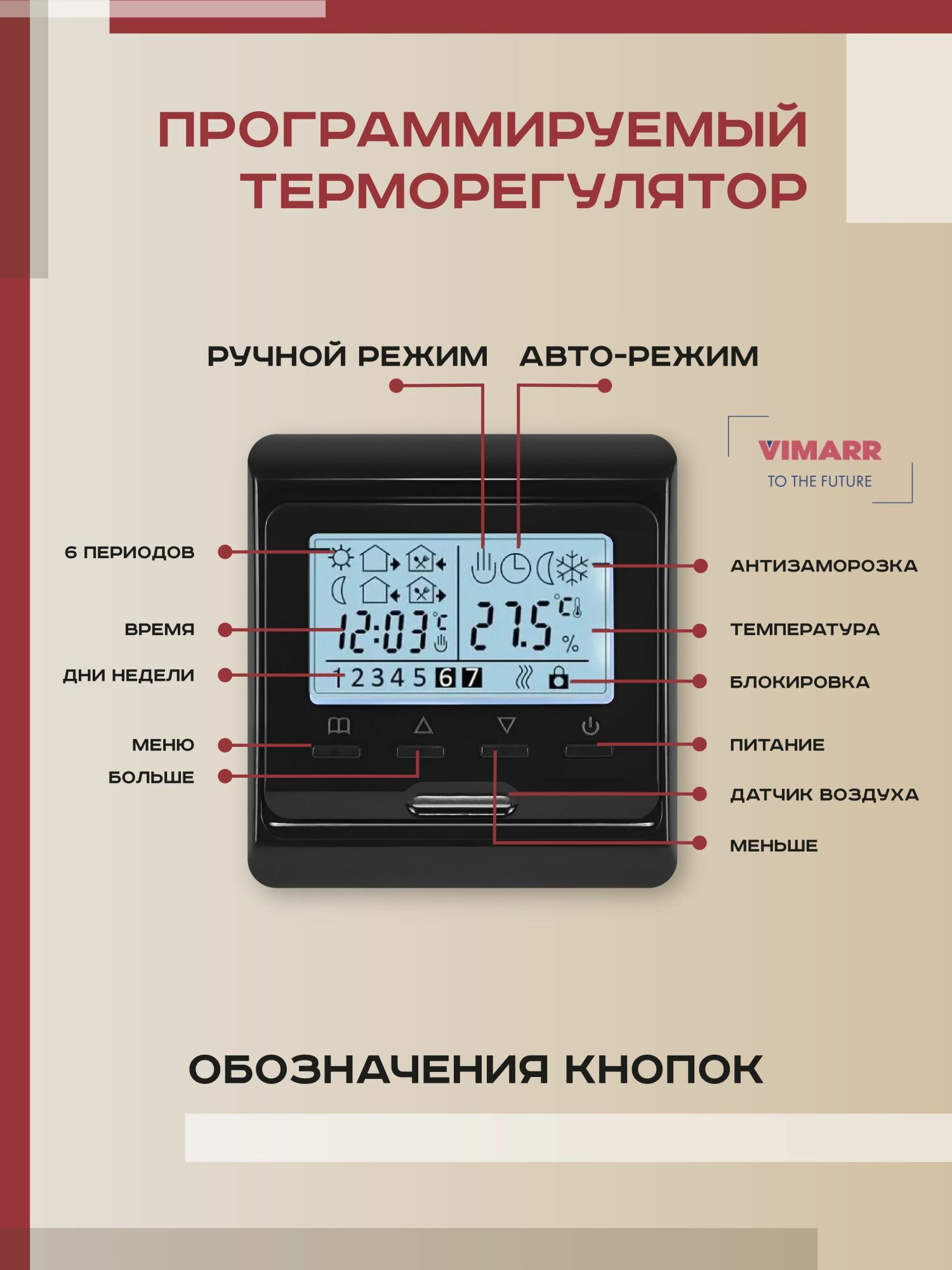 Комплект теплого пола с черным программируемым терморегулятором под плитку и в стяжку 2 м2 Vimarr L, нагревательный мат на сетке 300 Вт — фото 1