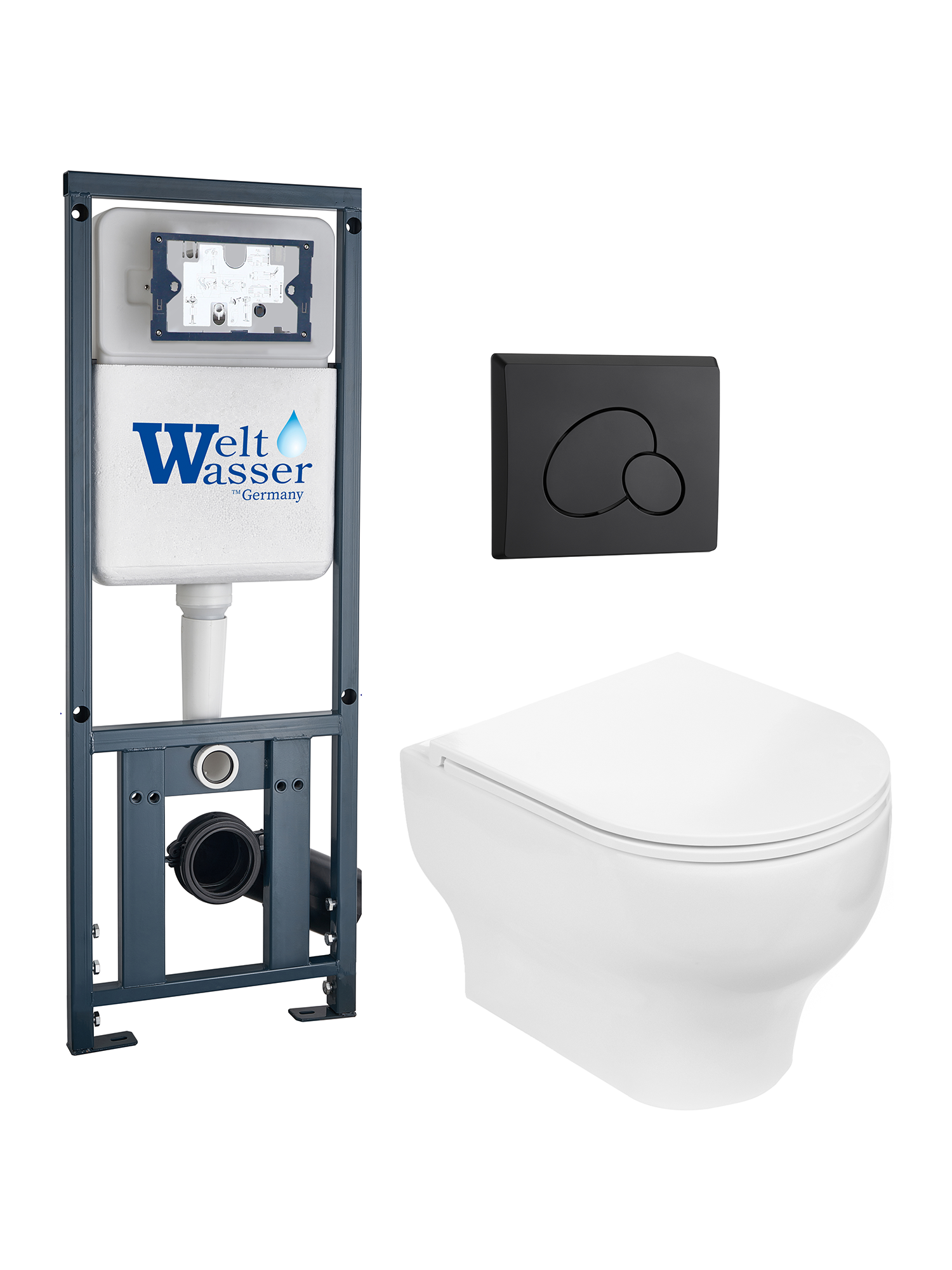 Комплект 3 в 1 Унитаз подвесной WeltWasser ERLENBACH 004 GL-WT безободковый+Инсталляция MARBERG 410 с кнопкой MAR 410 RD MT-BL черная матовая