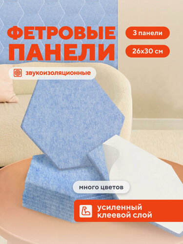 Изображение товара Акустические панели звукопоглощающие самоклеящиеся. Звукоизоляция для стен Hubox, 3 шт. соты, голубой