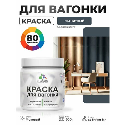 фото Акриловая краска для вагонки malare для дерева, для фасадов и интерьера с антисептическим эффектом, быстросохнущая, без запаха, матовая, гранитный, 0.5 кг