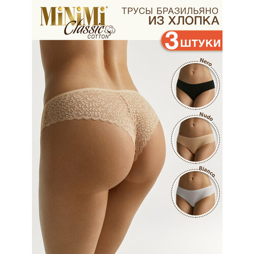 Трусы MiNiMi Mi 2611B Classic Трусы Brasiliana (кружево), комплект из 3 шт., размер 50, черный, бежевый, белый