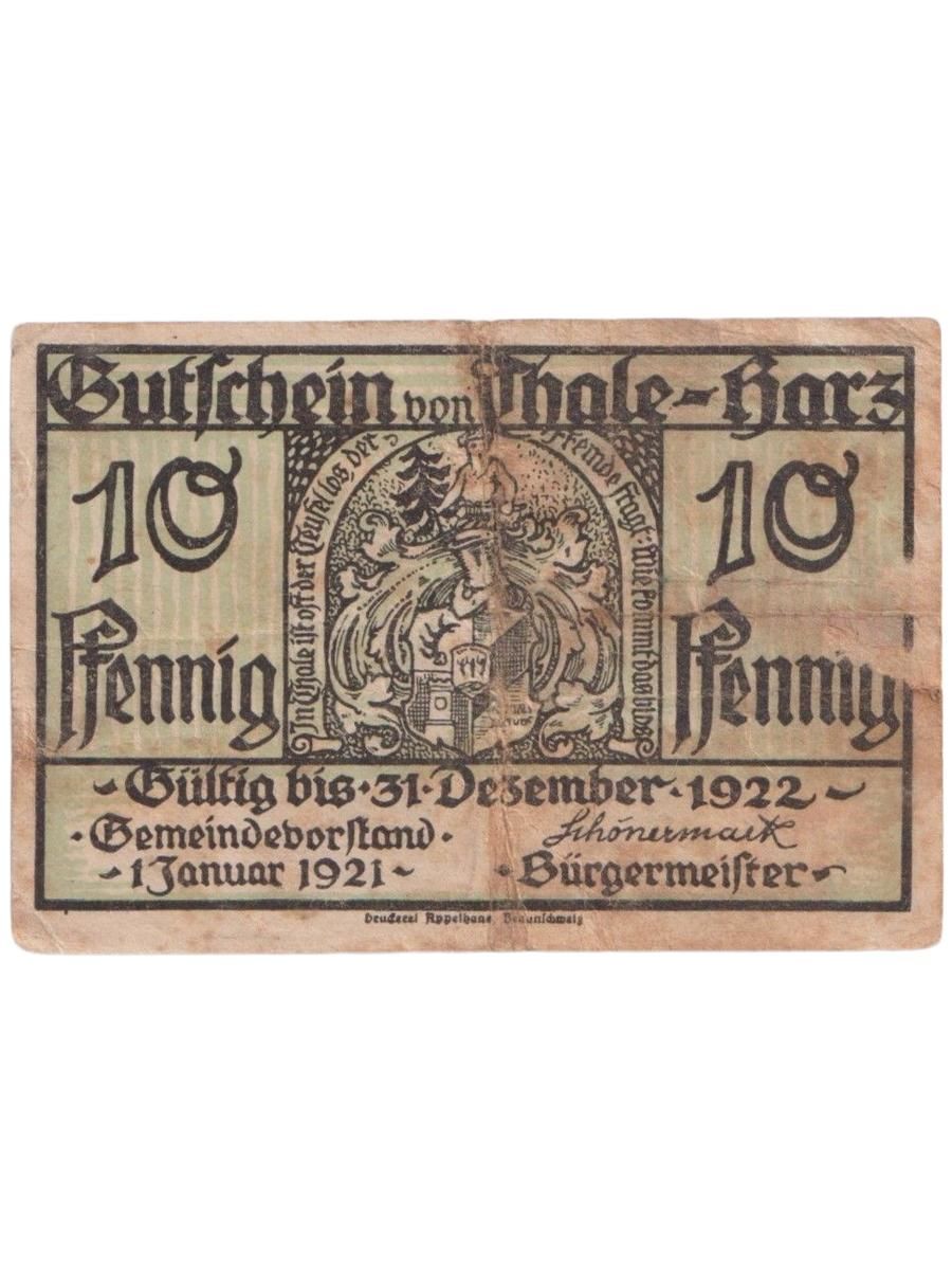 Подлинная бона (Нотгельд) 10 пфеннигов 1921 года, Германия, Тале (Thale-Harz),