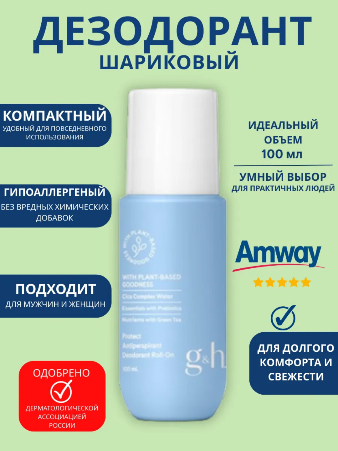 G&H антиперспирант ролик, с Cica комплексом, дерматологически одобрен, 100 мл