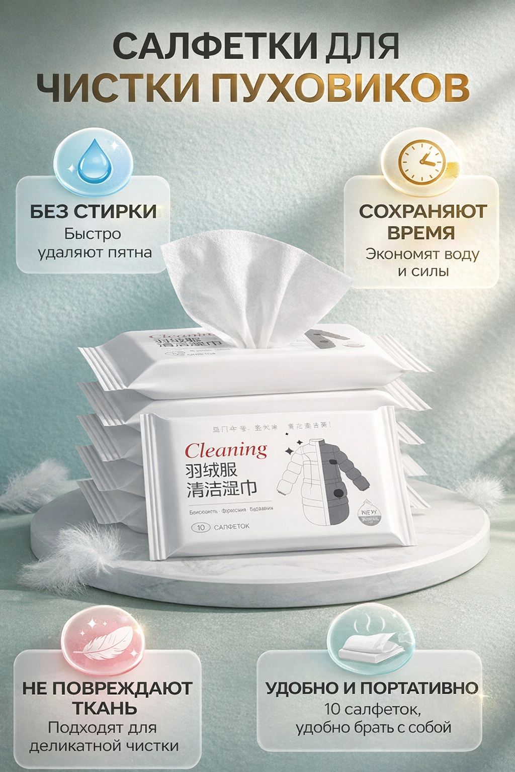 Салфетки Cleaning, для очистки пуховиков, без стирки, 10 штук