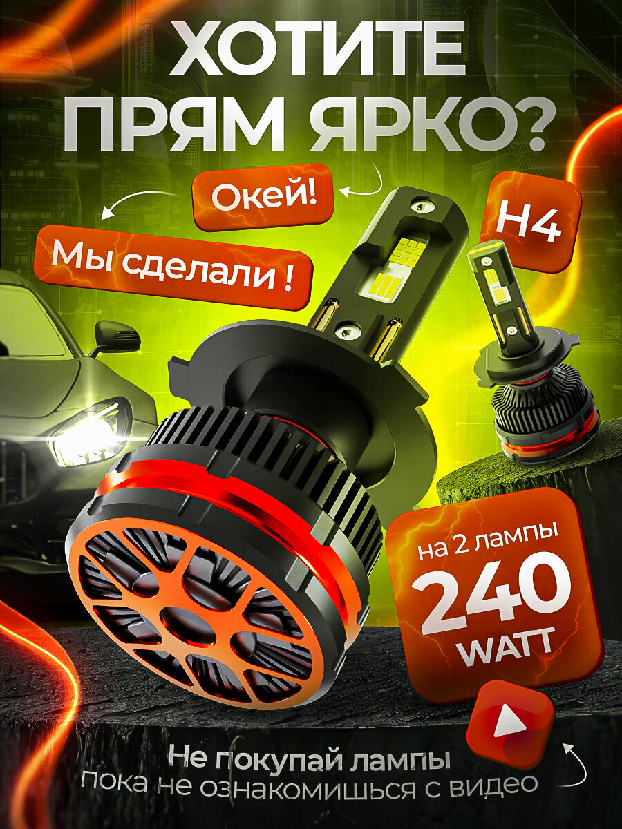 Светодиодные лампы H4, Лед лампы H4, LED лампы H4, 6500К (2шт. комплект)