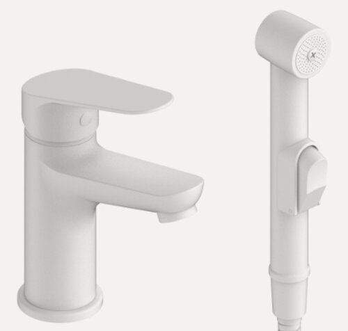 Изображение товара ESKO. Смеситель латунный для раковины с гигиеническим душем / смеситель с гигиенической лейкой Kazan KZ27HW, белый