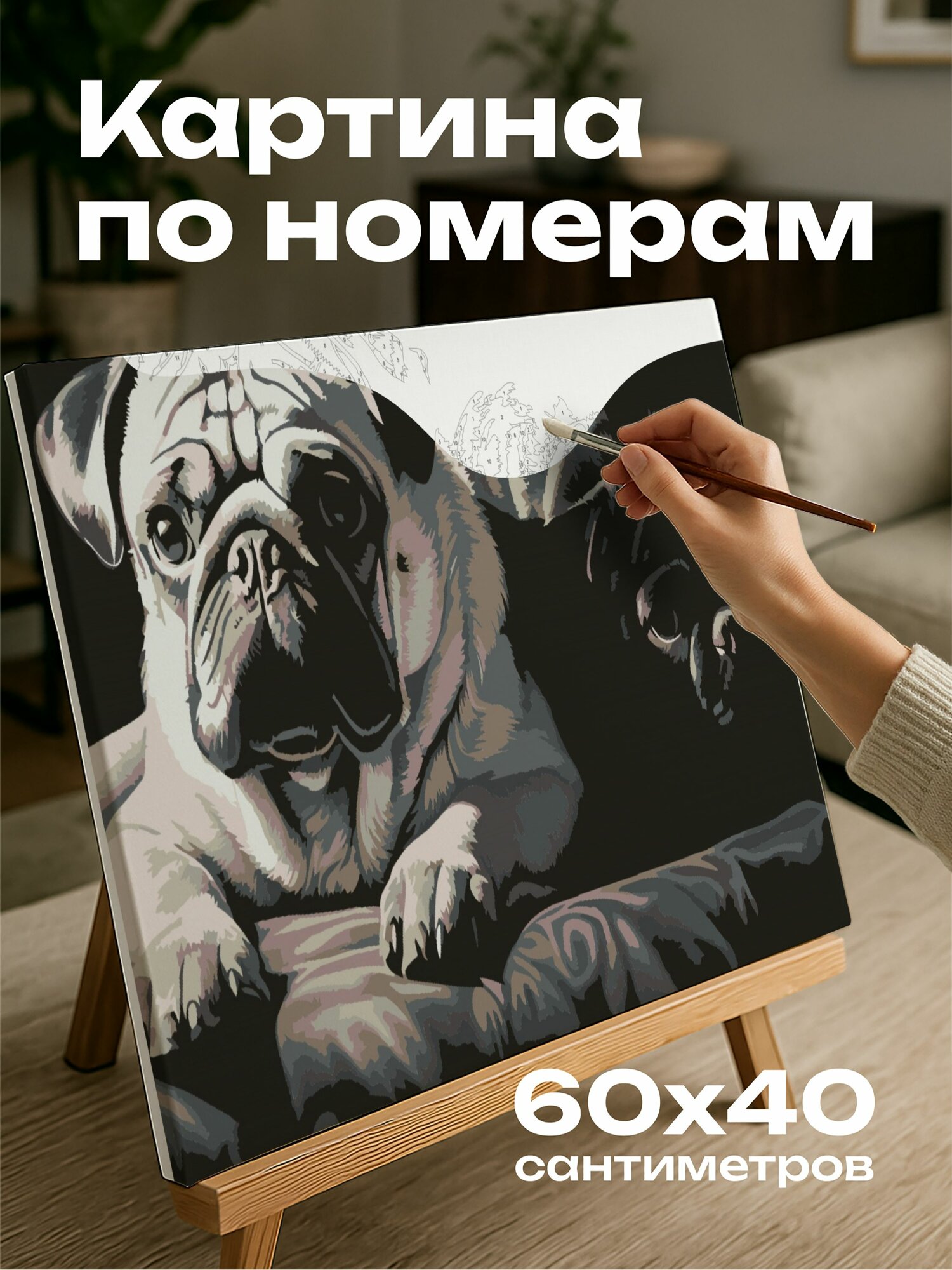 Картина по номерам 60x40 см, черно-белый рисунок, уголь, мопс, тень, контраст, свет, тьма