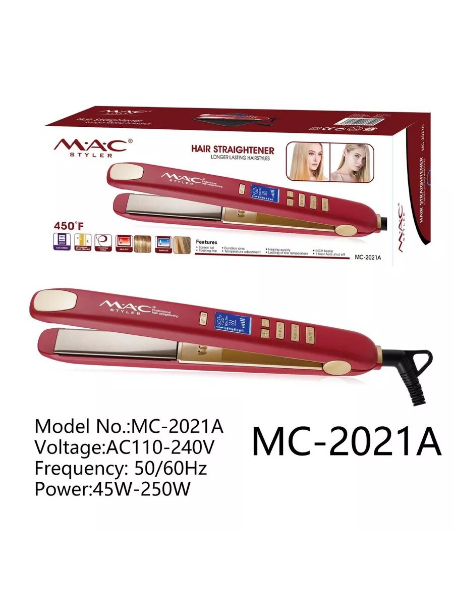 Выпрямитель волос MAC MC-2021, LCD-дисплей, 250Вт, 4 температурных режима, до 480 °C