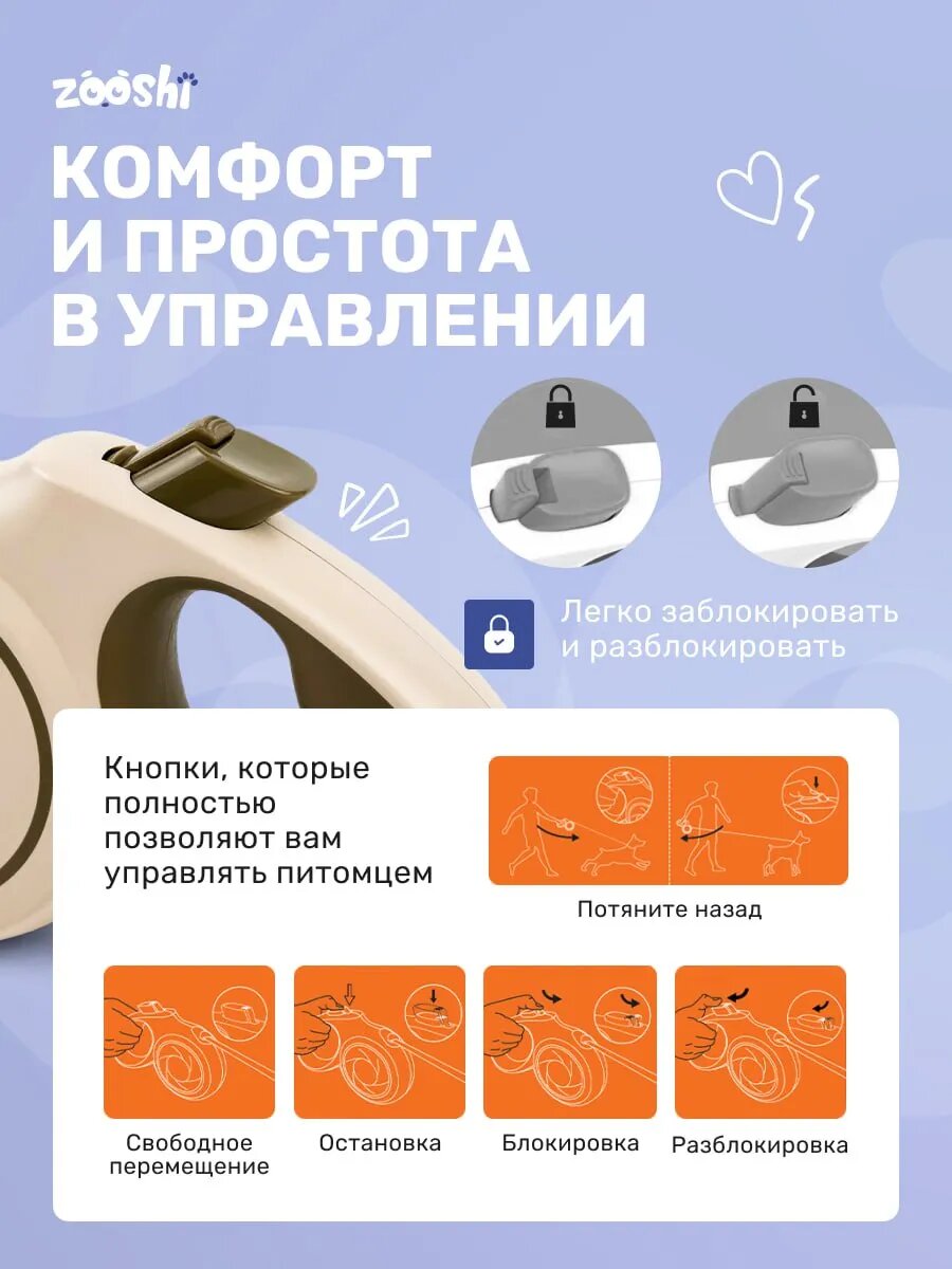 Поводок для собак мелких пород рулетка 5м 20кг — фото 1