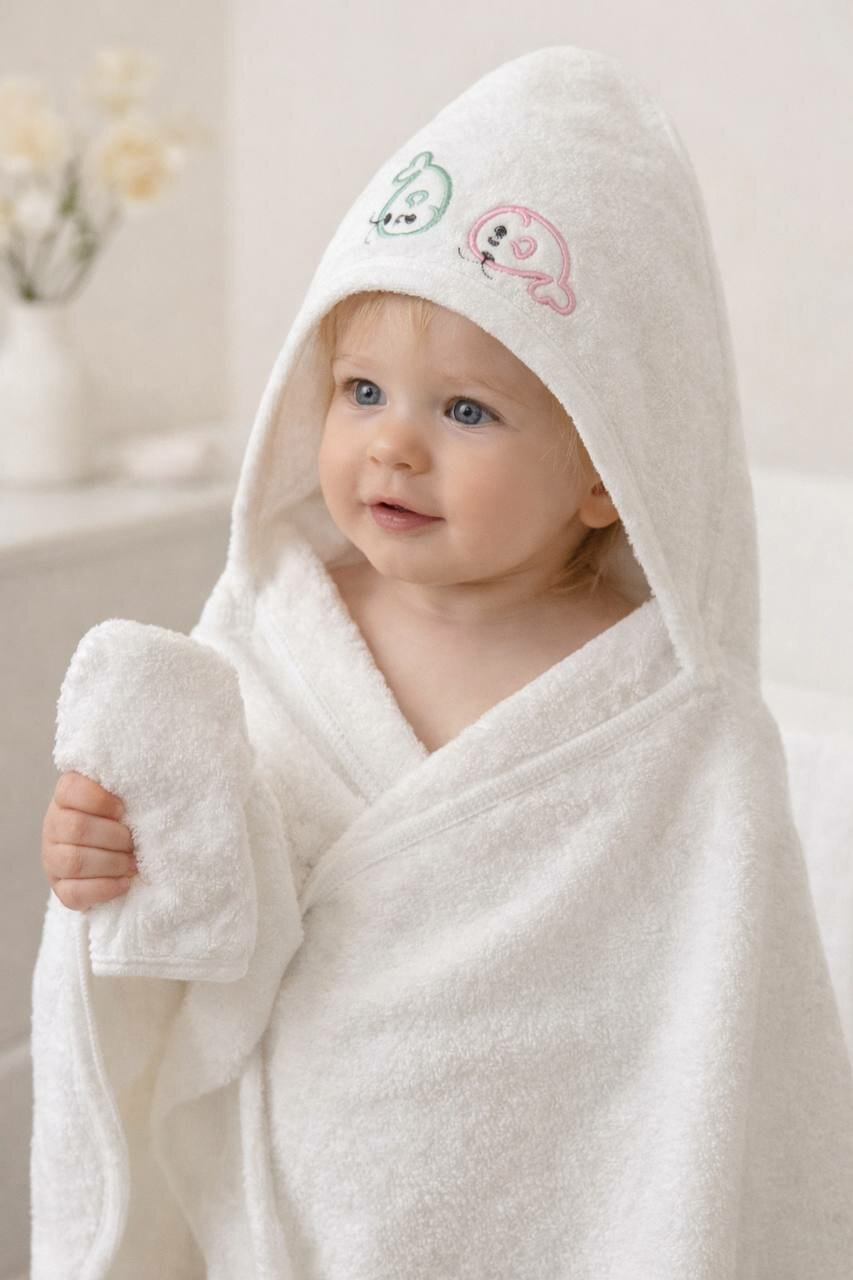 Детское махровое полотенце с капюшоном и мочалкой Мягкое и нежное двойное полотенце с капюшоном — идеальный выбор