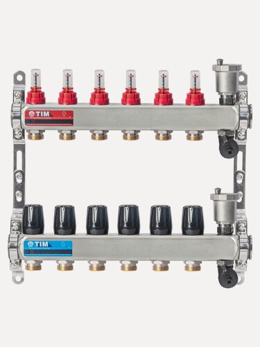 Изображение товара Коллекторная группа 6 контуров с расходомерами 1" * 3/4" E, с дренажными кранами и воздухоотводчиками нерж. сталь, TIM, KCS5006