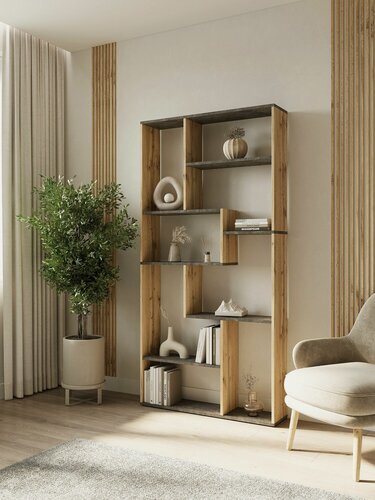 Изображение товара Стеллаж деревянный напольный, перегородка, открытый с полками Джаакко, Дуб Вотан/Цемент Темный, (ШхВхГ) 90х178,8х21 см