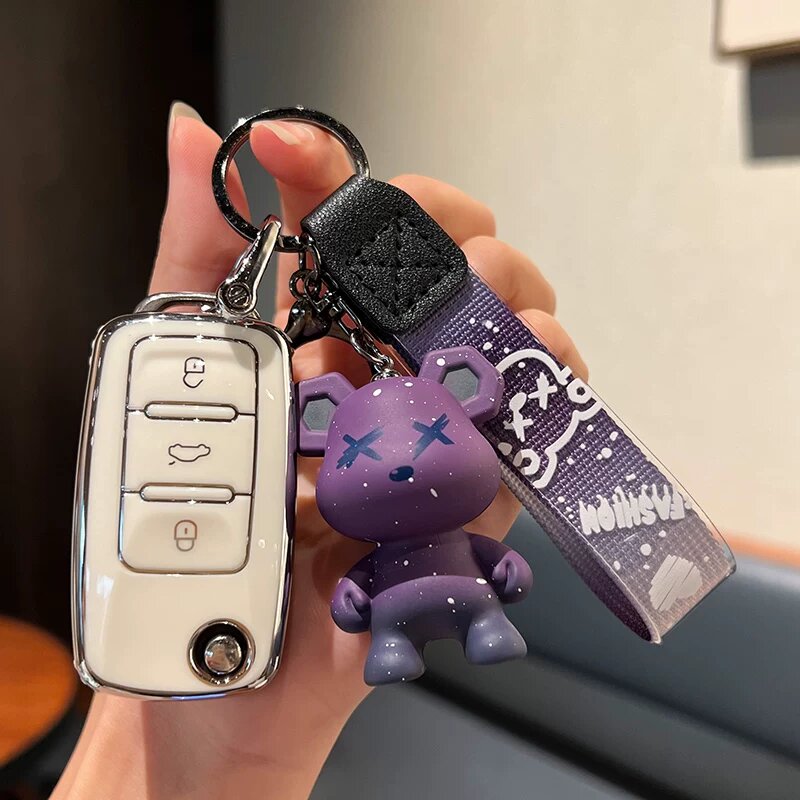 Чехол для ключей Volkswagen A-стиль складной 3-кнопочный одинарный белый с фиолетовым мишкой