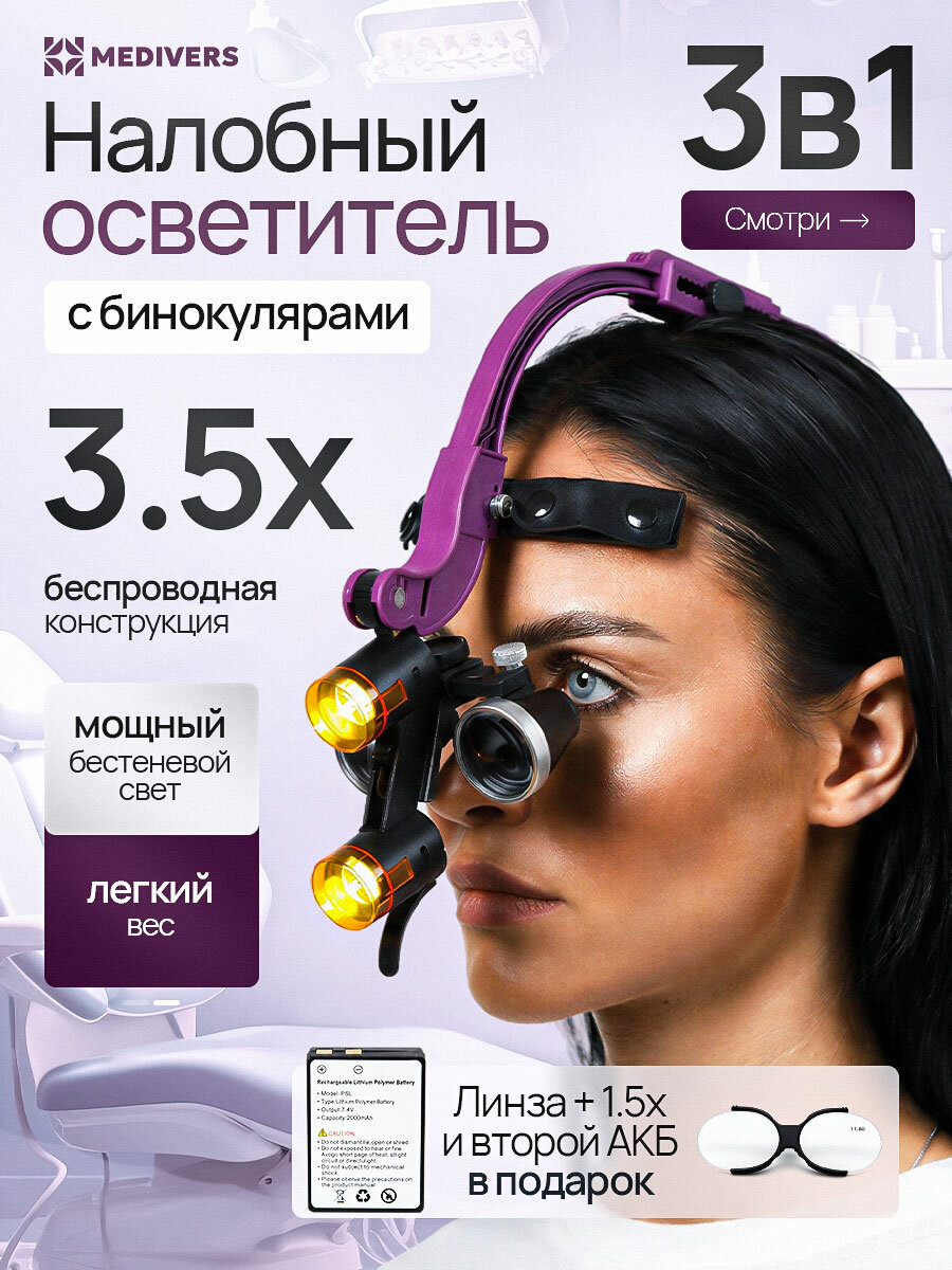 Налобный осветитель с бинокулярами 3.5х и линзами 1,5 + 2 АКБ в кейсе