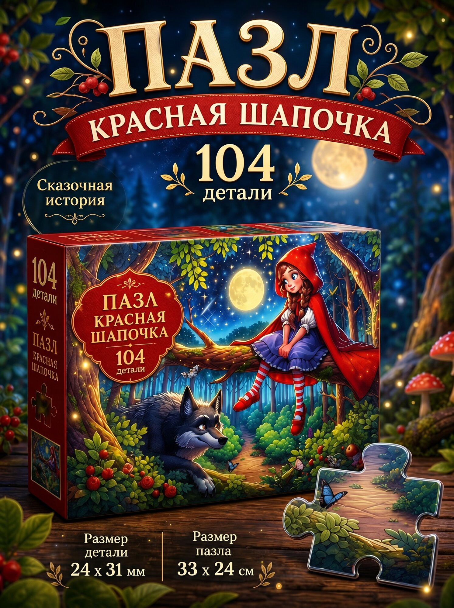 Рыжий кот Пазл: Оживи мультфильм "Красная шапочка" 104 элемента