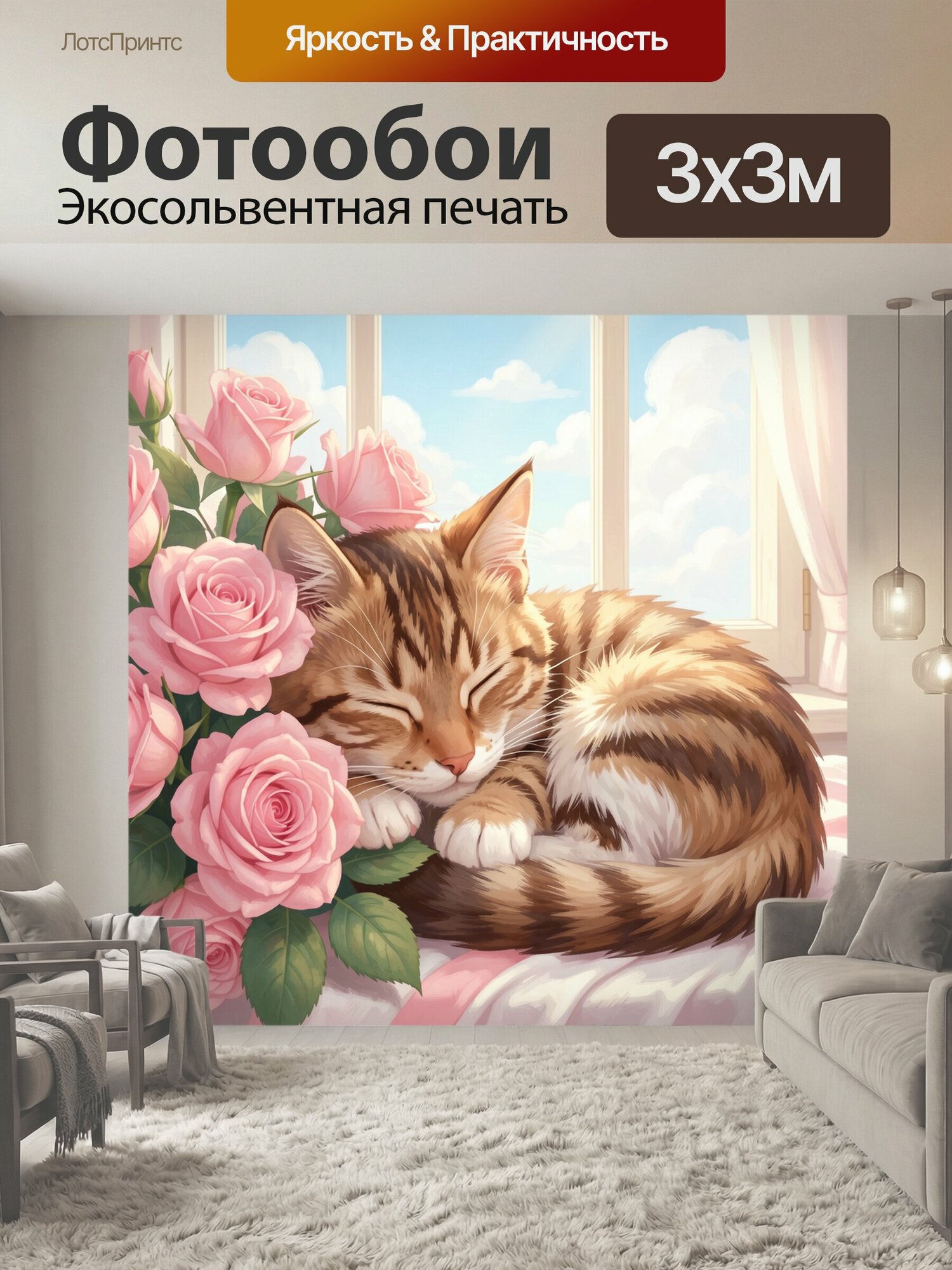 Фотообои "Спящий кот среди роз. Нежная иллюстрация: пушистый полосатый котёнок дремлет у окна рядом с крупными розовыми бутонами, голубое небо." 300x300 см. экосольвентная печать