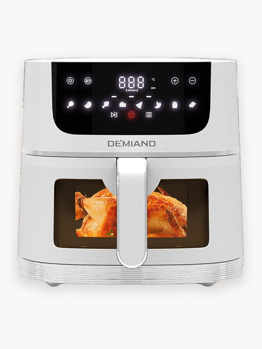 Аэрогриль 5 в 1, с функциями фритюрницы, гриля, духовки, визуальное окно, съемная решетка с тефлоновым покрытием, держатель для шампуров, 8 автоматических программ, книга рецептов, объем 6 литров, 1500Вт, белый, DK-2500