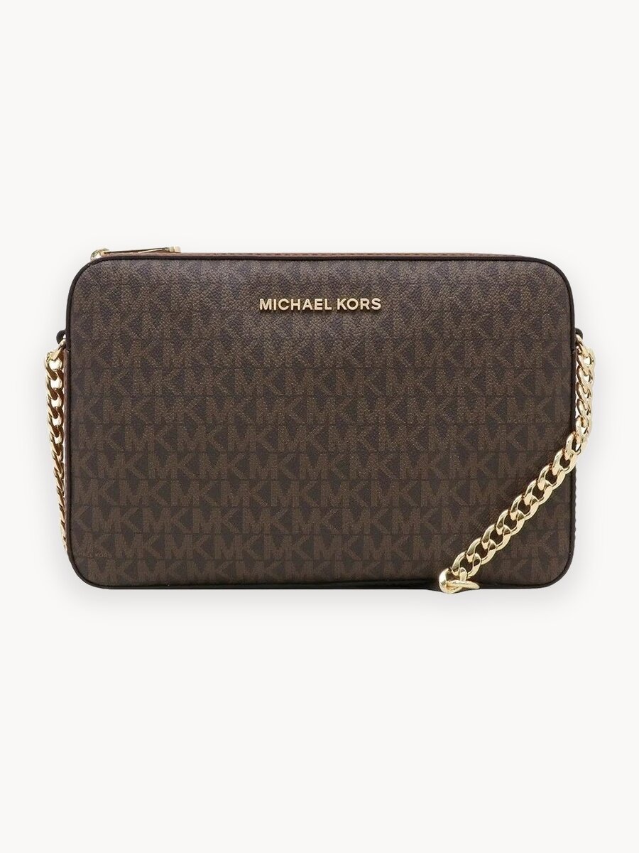 Сумка кросс-боди Сумка женская прямоугольная с логотипом коричневая золотая фурнитура без цепи Michael Kors Outlet Jet Set Item Brown Gold No chain 35F8GTTC3B