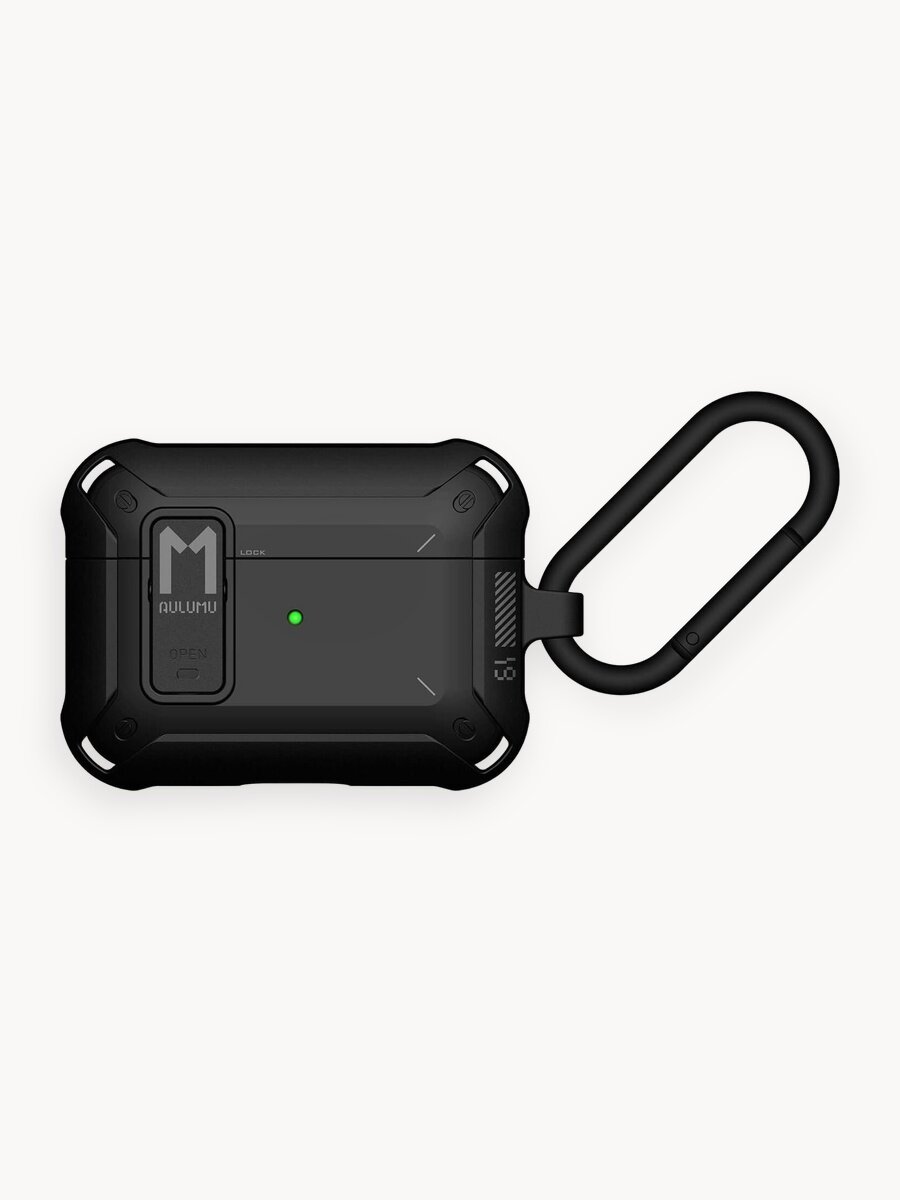 Чехол на Airpods Pro 1/ 2 поколения защитный, Aulumu A19, с замком и карабином, черный