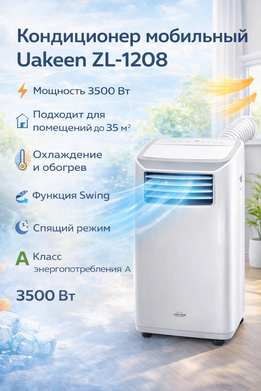 Кондиционер мобильный Uakeen ZL-1208, мощность 3500Вт, площадь до 35м², класс энергопотребления А