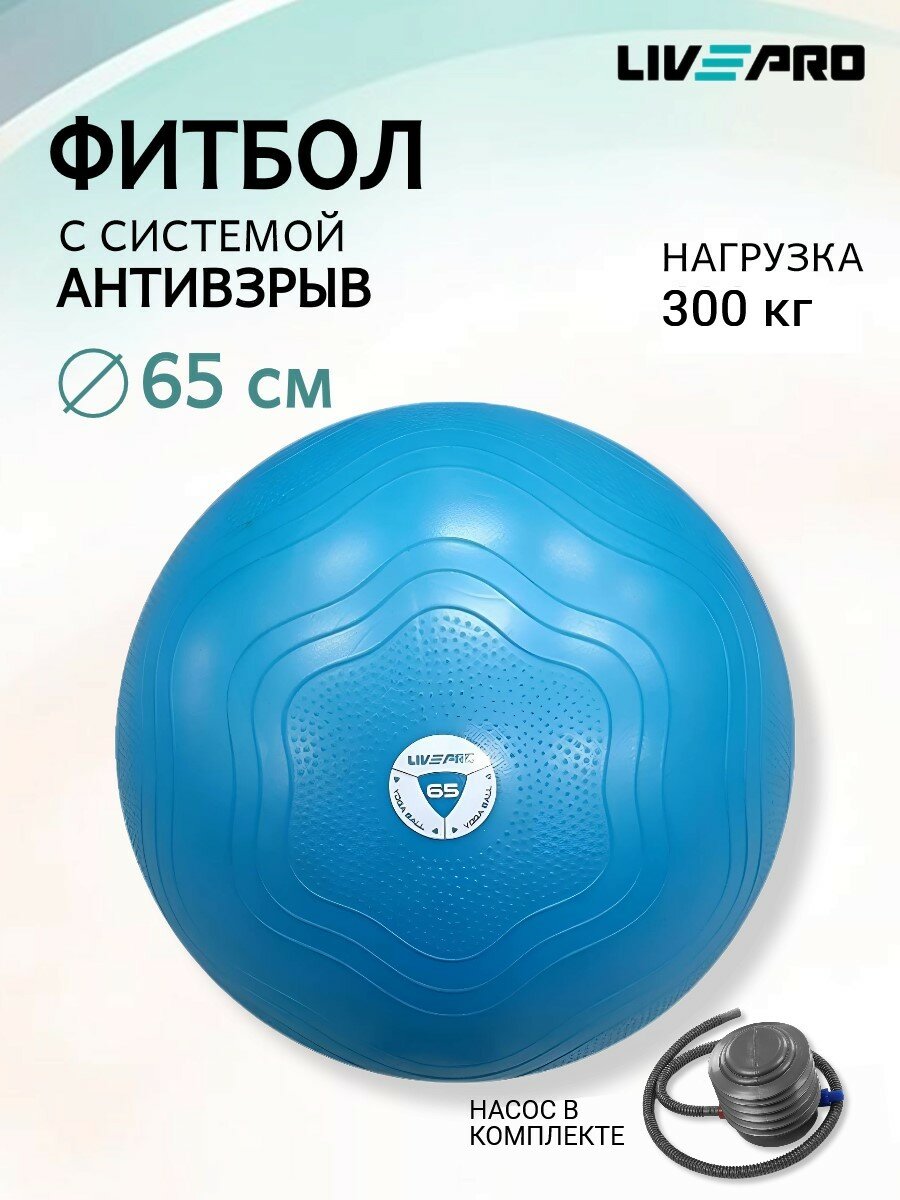 Фитбол, гимнастический мяч LIVEPRO Anti-Burst Core Ball, антивзрыв, диаметр 65 см, насос в комплекте, синий
