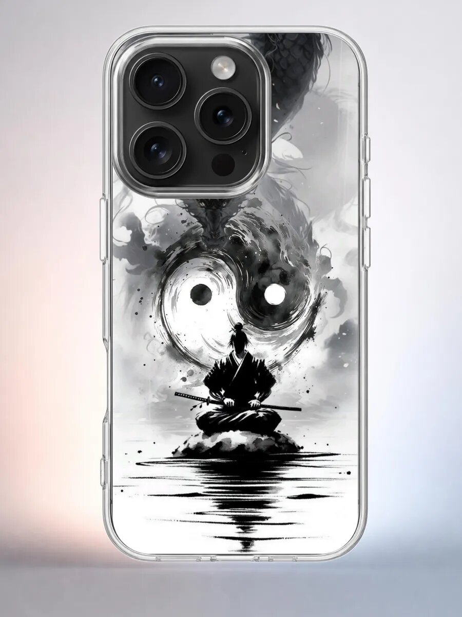 Чехол iPhone 15 Pro Самурай и дракон силиконовый прозрачный