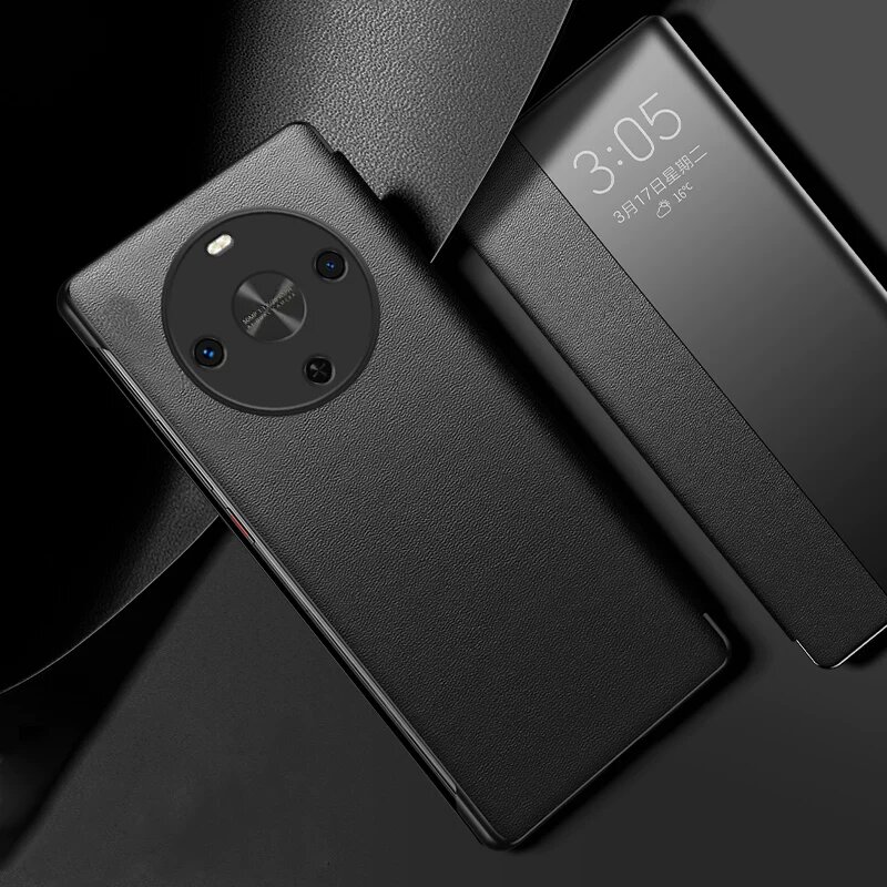 Смарт-флип чехол для Huawei Maengang 30 в темно-черном цвете - Премиум веганский кожа с закаленным стеклом и защитой