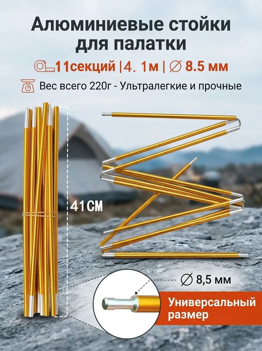 Дуга для каркаса палатки, алюминиевая, диаметр трубы 8,5 мм, Общая длина 4.1 метра, желтый Красивый цве