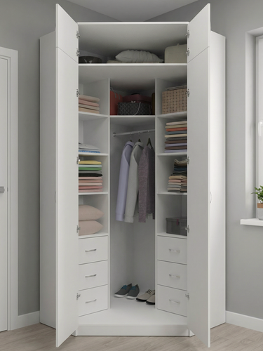 Изображение товара Шкаф угловой распашной Анри-13 с антресолью, 6 ящиками, 9 полками и штангой для вешалок, белый