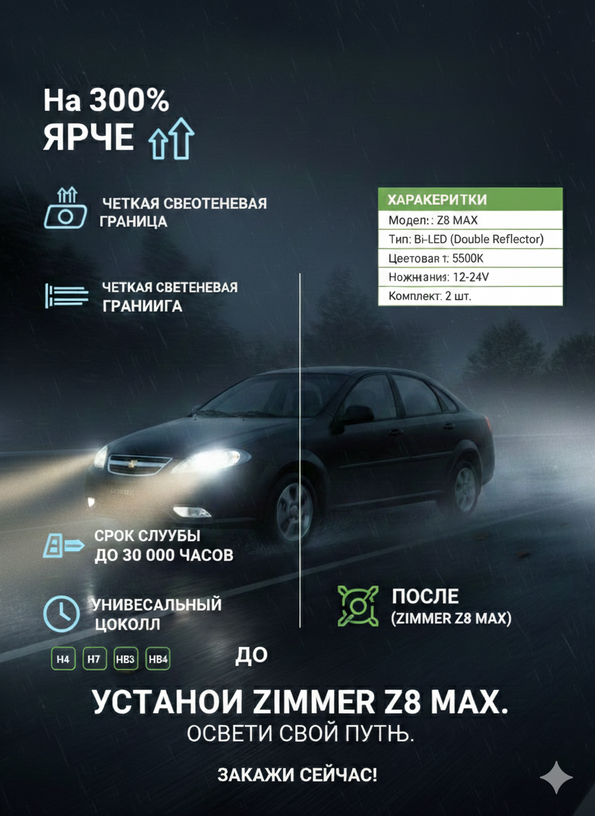 Линзы ZIMMER "Z8 MAX", светодиодные, цоколь H4, для Chevrolet Gentra, Cobalt, Nexia R3, Spark