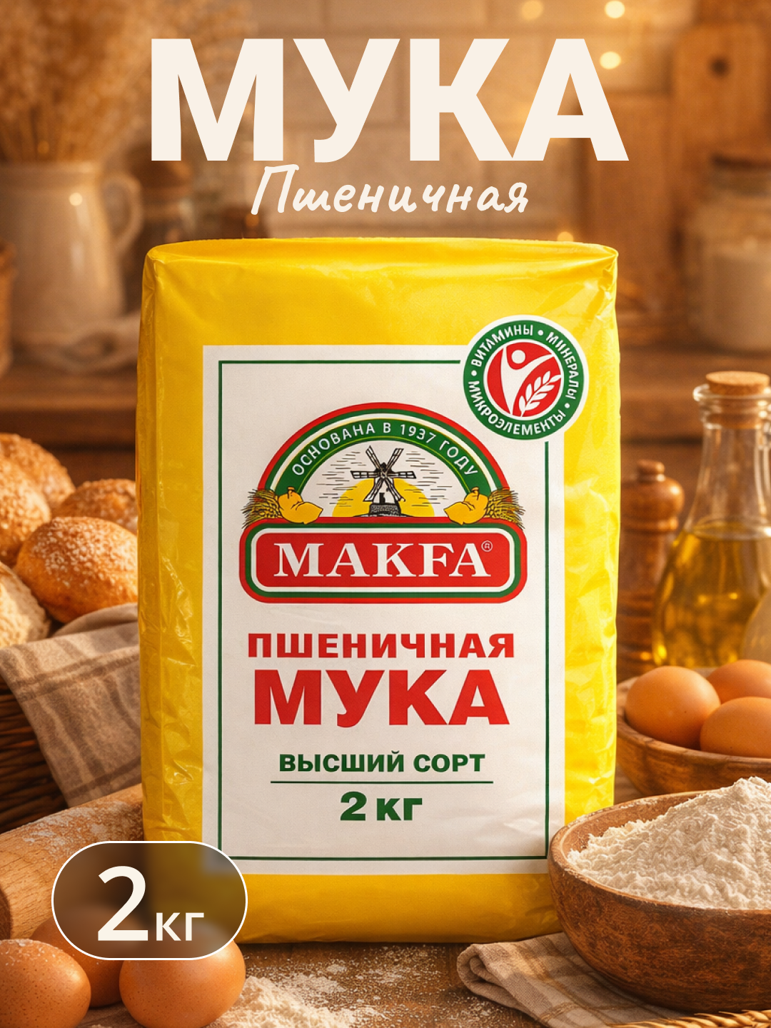 Мука Makfa "Выбор народа", высший сорт, пшеничная, упаковка бумага, 2кг