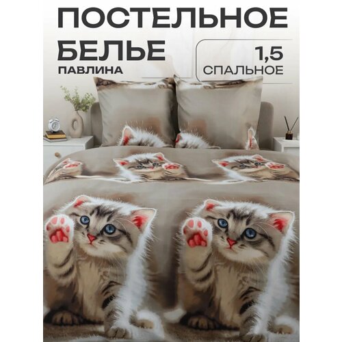 Постельное белье 1.5 спальное Павлина Котик бежевый, Полисатин, наволочки 70x70 Pavlina