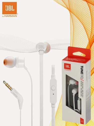 Изображение товара Наушники внутриканальные JBL T110 с микрофоном, 3.5мм, белый (JBLT110WHT)
