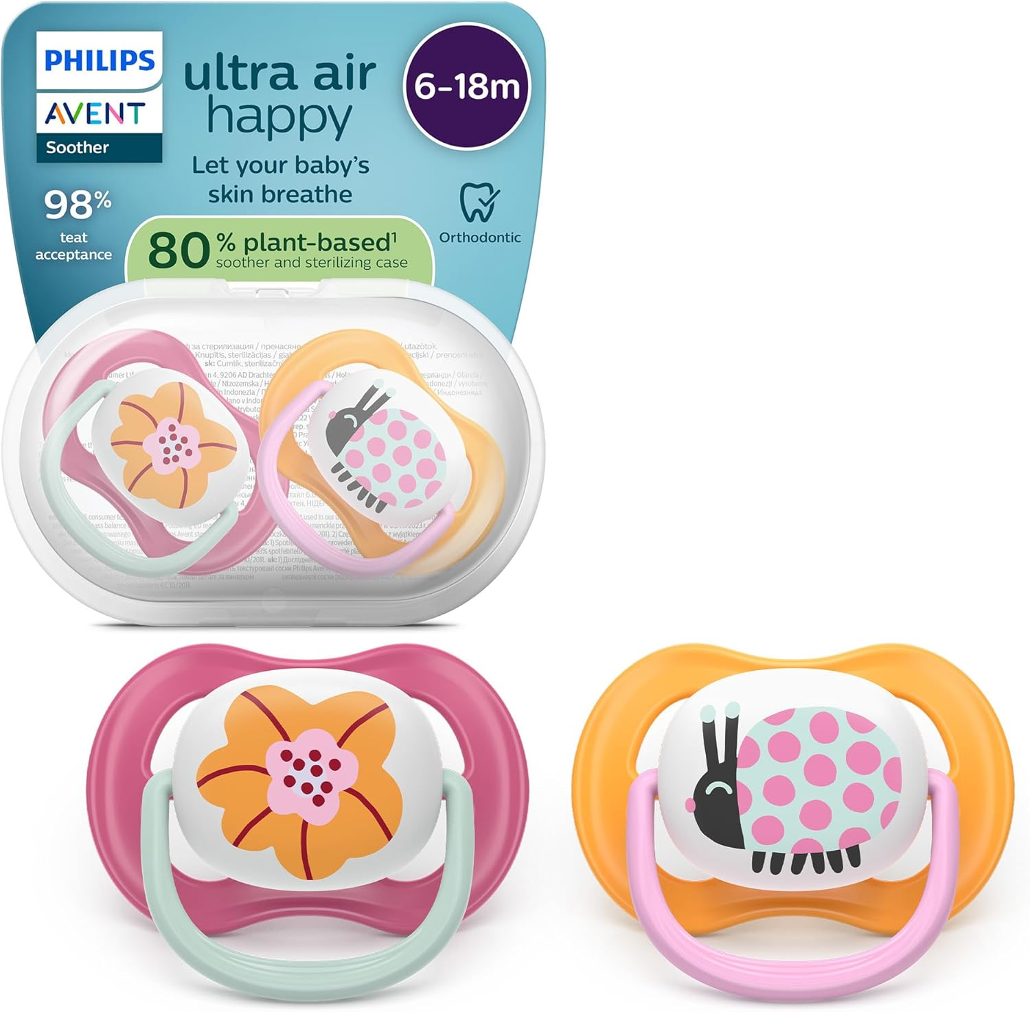 Пустышка Philips Avent Ultra Air SCF080/27 6-18 мес, розовый/оранжевый, 2 шт