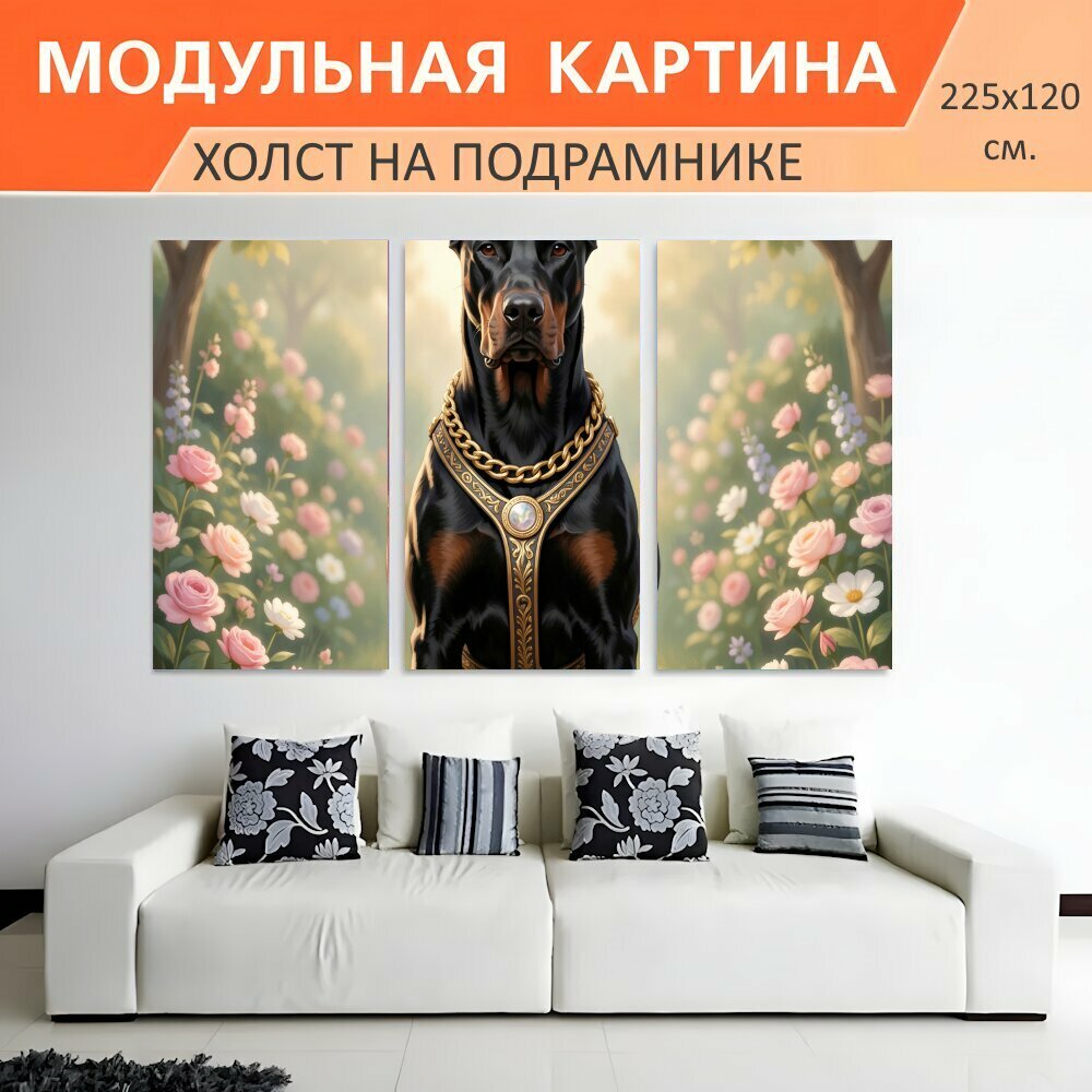 Модульная картина на холсте "Доберман в цветущем саду. Элегантный черно-подпалый пес с золотым украшением сидит среди роз и полевых." триптих на подрамнике 225х120 см. для интерьера