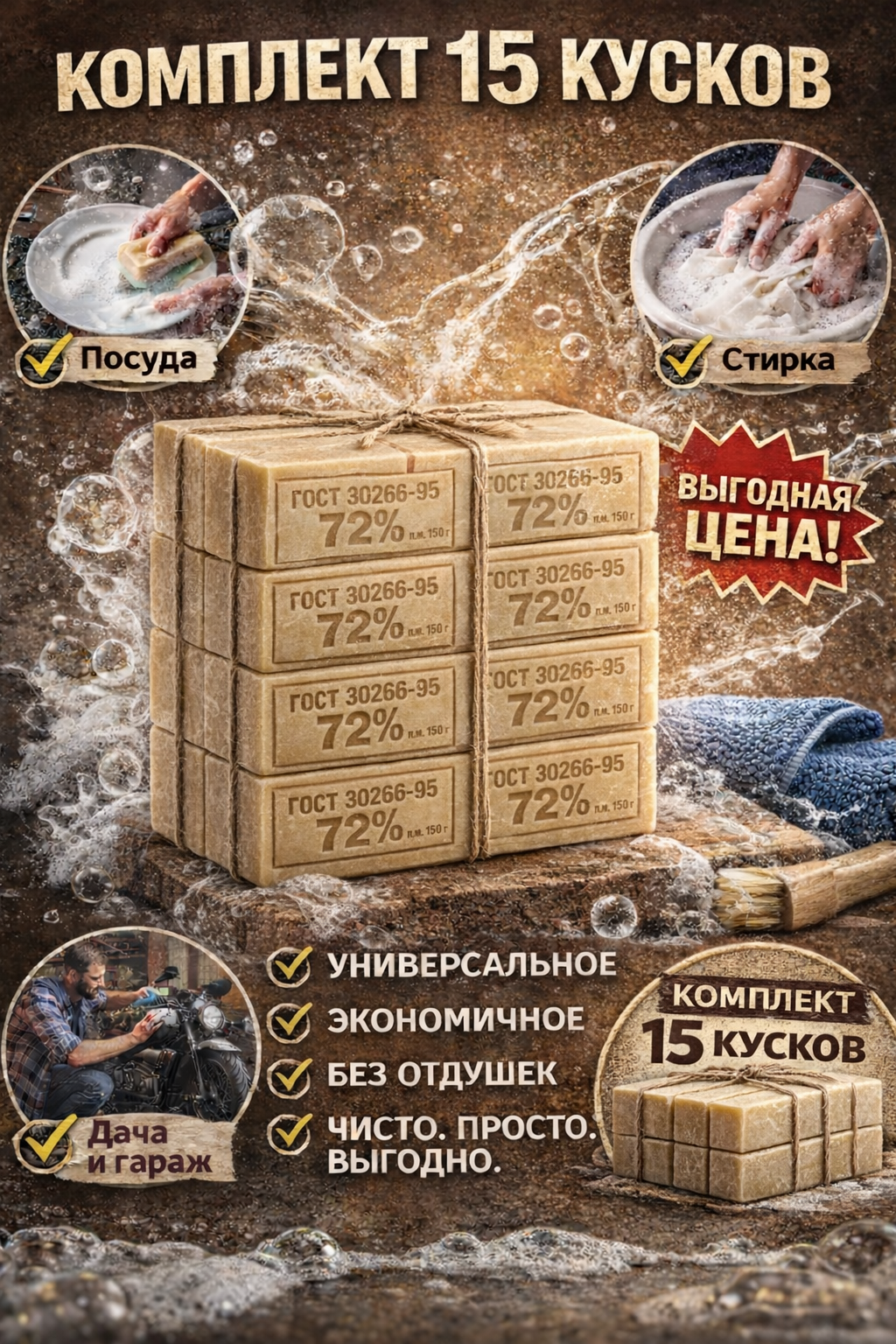 Хозяйственное мыло 72% классическое, набор 15 кусков