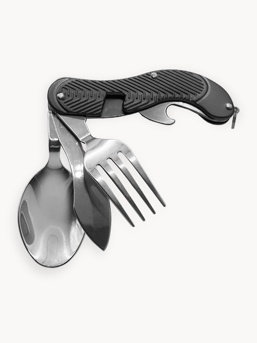 Многофункциональный походный набор столовых приборов 4 в 1 (черный)